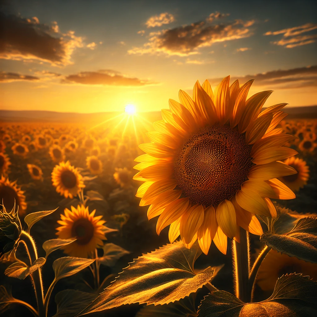 A highly realistic photograph of a sunflower field at sunset. The focus is on a single sunflower in the foreground with intricate details of its petal